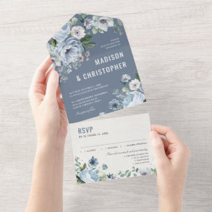 Invitation Tout En Un Tons gris bleu foncé hiver rustique Mariage Al