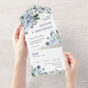 Invitation Tout En Un Tons gris bleu foncé hiver rustique Mariage Al