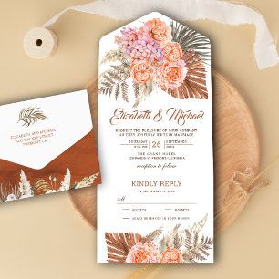 Invitation Tout En Un Tons Terres Brûlé Orange Floral Boho Palm Mariage