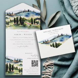 Invitation Tout En Un Toscane Italie Aquarelle Paysage Mariage QR Code