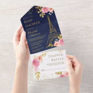 Invitation Tout En Un Tour Eiffel dorée Baby Shower Floral Rose Pâle