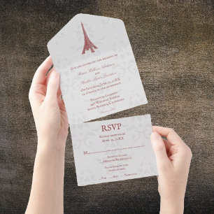 Invitation Tout En Un Tour Eiffel Rouge Damas tout en un Mariage