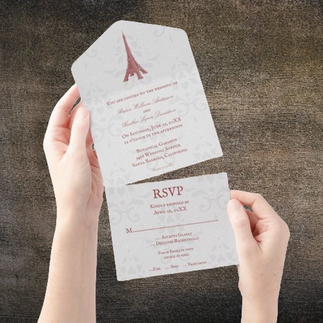 Invitation Tout En Un Tour Eiffel rouge damassé tout en un mariage (Red Eiffel Tower Damask All in One Wedding Invite)