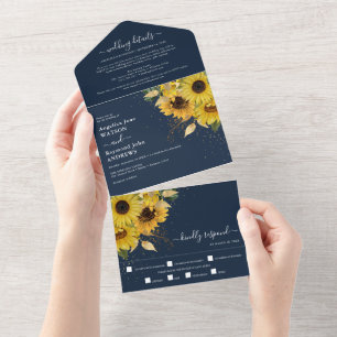 Invitation Tout En Un Tournesol de minuit élégant mariage bleu marine