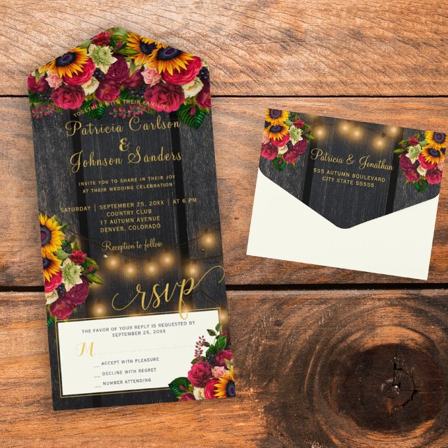 Invitation Tout En Un Tournesol et bordeaux rose mariage de automne rust (Créateur téléchargé)
