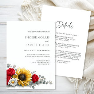 Invitation Tout en Un Tournesol et Rose Rouge Fleur Mariage