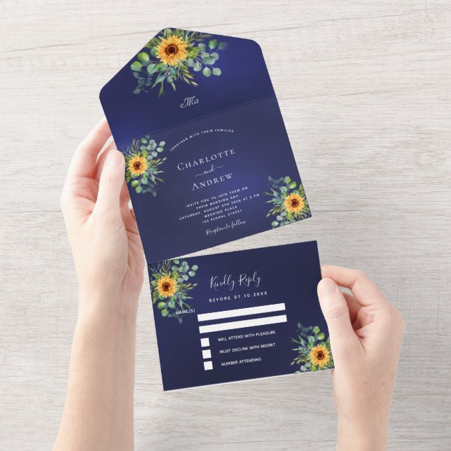 Invitation Tout En Un Tournesol eucalyptus vert marine bleu mariage (Déchirure)