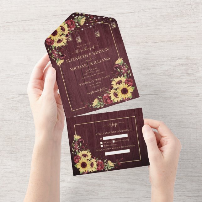 Invitation Tout En Un Tournesol Rustique Bourgogne Mariage Floral Tout (Déchirure)