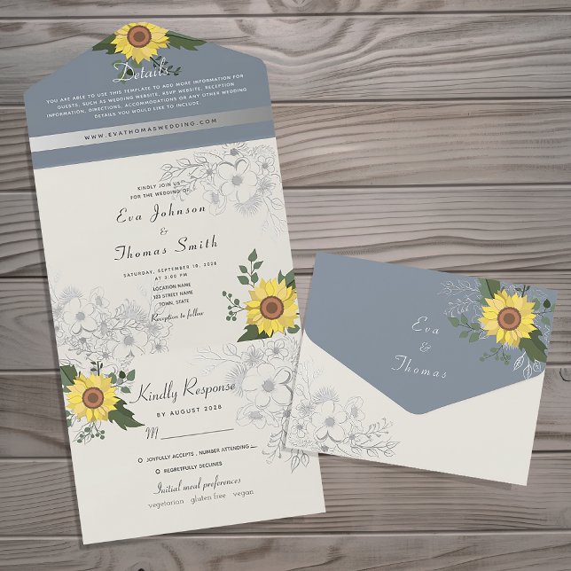 Invitation Tout En Un Tournesol rustique et Mariage bleu poussiéreux (Créateur téléchargé)