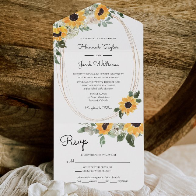 Invitation Tout En Un Tournesol rustique et verdure avec Mariage RSVP (Créateur téléchargé)