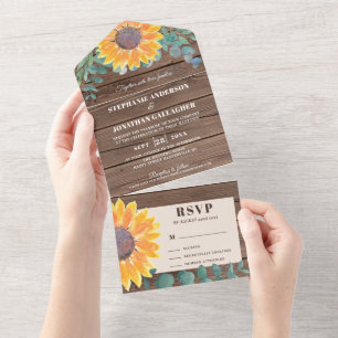 Invitation Tout En Un Tournesol rustique Eucalyptus Barne Bois