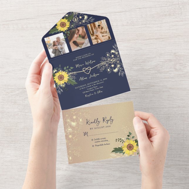Invitation Tout En Un Tournesol Rustique Mariage bleu de la marine (Déchirure)