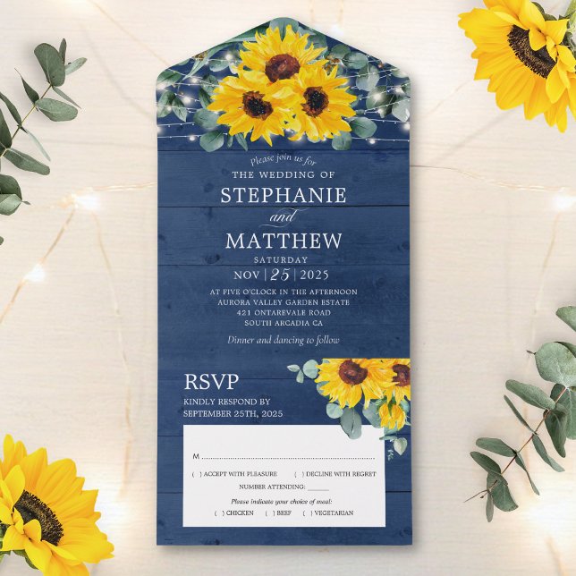 Invitation Tout En Un Tournesols Eucalyptus Chaîne Lumières Marine Maria (Créateur téléchargé)