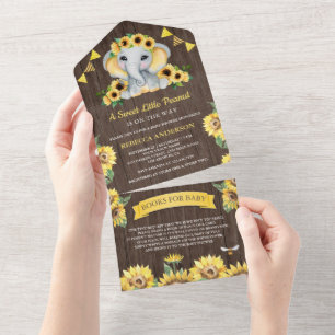 Invitation Tout En Un Tournesols rustiques éléphant grange bois Baby Sho
