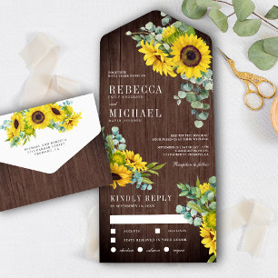 Invitation Tout En Un Tournesols rustiques en bois de grange et Mariage 