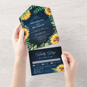 Invitation Tout En Un Tournesols rustiques Mariage bleu marine