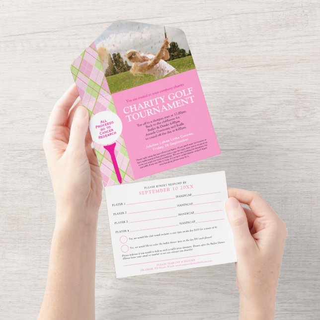 Invitation Tout En Un Tournoi de golf rose plaid photo personnalisée RSV (Déchirure)