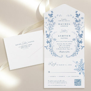 Invitation Tout En Un Tout En Un Élégant Mariage Botanique Bleu Français