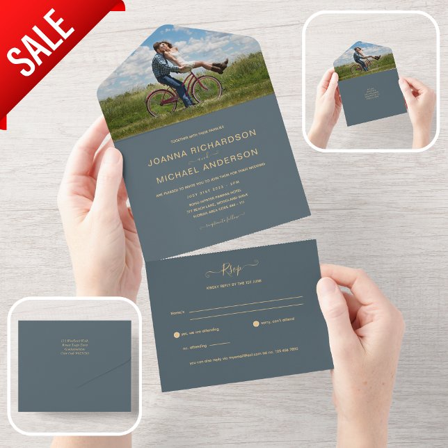 Invitation Tout En Un Tout inclus Dusty Blue photo mariage RSVP (Créateur téléchargé)