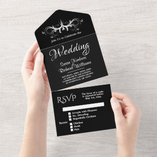 Invitation Tout En Un Tri noir et blanc plié avec Mariage Rsvp tout en u