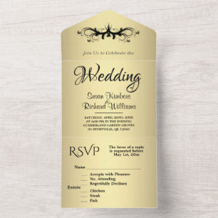 Invitation Tout En Un Tri simple or et noir avec Mariage Rsvp