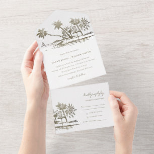 Invitation Tout En Un Tropical Beach Palm Tree croquis Pale Gold Mariage