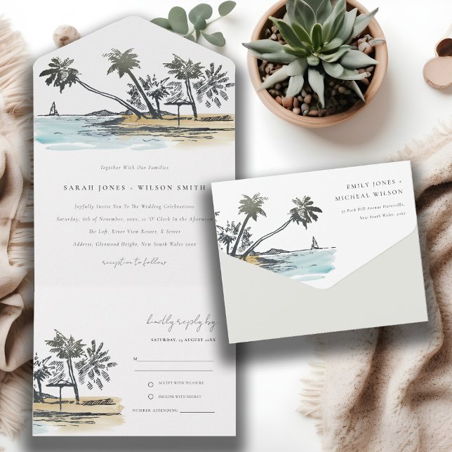 Invitation Tout En Un Tropical Beach Palm Tree Sketch Mariage d'aquarell (Créateur téléchargé)