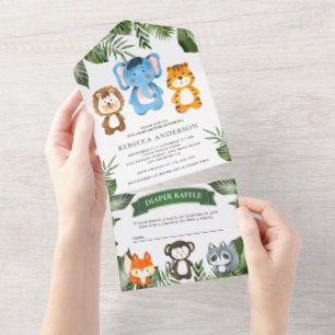 Invitation Tout En Un Tropical Jungle Safari mignon Animaux Baby shower