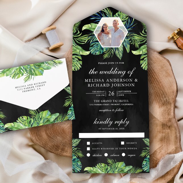 Invitation Tout En Un Tropical Monstera Palm Feuille Photo Black Mariage (Créateur téléchargé)