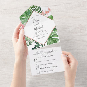 Invitation Tout En Un Tropical Palm Rose géométrique Mariage or