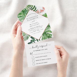 Invitation Tout En Un Tropical Palm Rose géométrique Mariage or