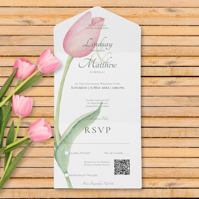 Invitation Tout En Un Tulipe rose pâle Solo rose moderne QR Code (Blush Pink Tulip Solo Pink Modern QR Code All In One Invitation)