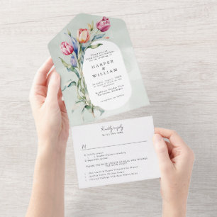 Invitation Tout En Un tulipes de ressort d'aquarelle rsvp mariage attach