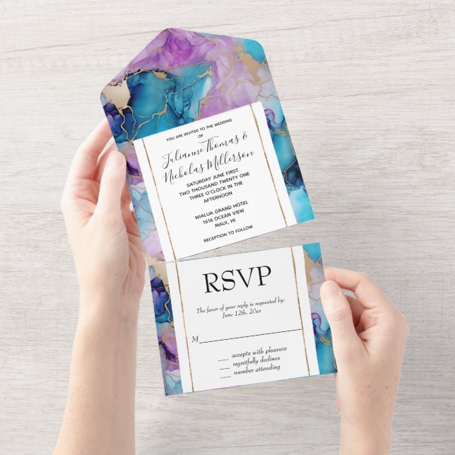 Invitation Tout En Un Turquoise Aqua violet marbre or (Déchirure)