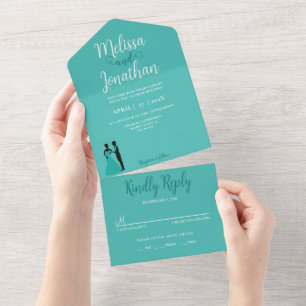 Invitation Tout En Un Turquoise Blanc Élégant Mariage Mariée et Salle