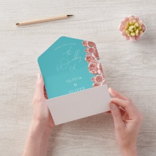 Invitation Tout En Un Turquoise botanique et mariage corallien