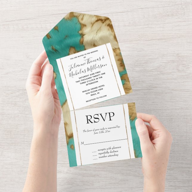 Invitation Tout En Un Turquoise Brown Cream Animal Cowhide Western (Déchirure)