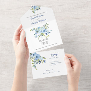 Invitation Tout En Un Turquoise et bleu marine Aquarelle florale  