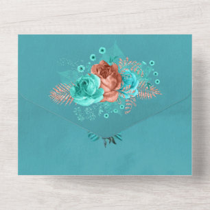 Invitation Tout En Un Turquoise et corail Rustique Mariage floral