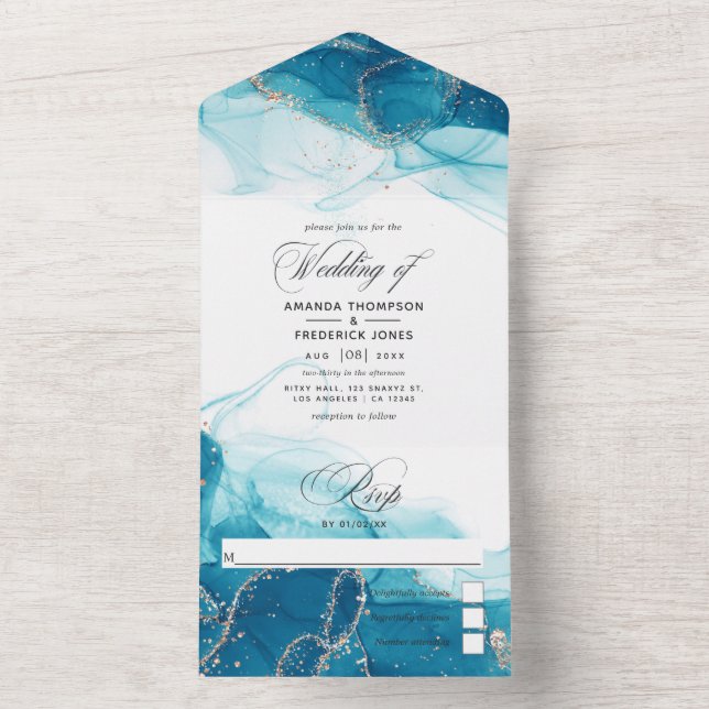 Invitation Tout En Un Turquoise et Mariage d'encre or tout en un Invitat (À l'intérieur)