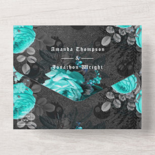 Invitation Tout En Un Turquoise et or Floral Mariage gothique All In One