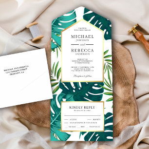 Invitation Tout En Un Turquoise Green Tropical Palm Monstera Feuille Mar