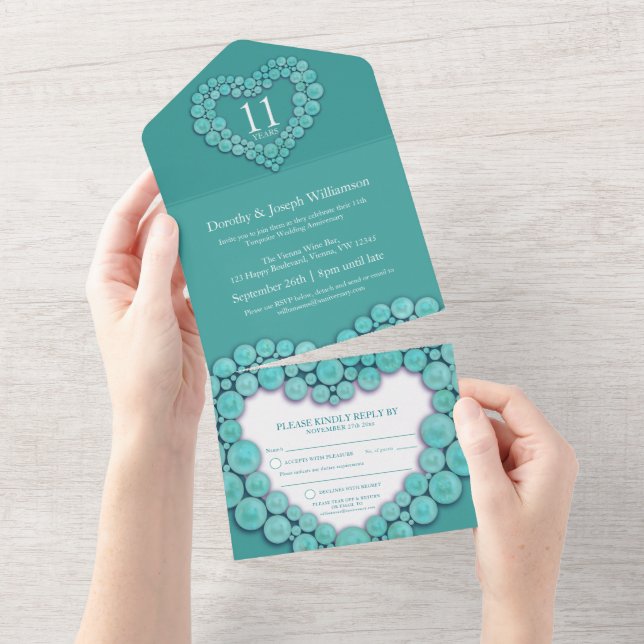 Invitation Tout En Un Turquoise mariage anniversaire 11 ans événement (Déchirure)