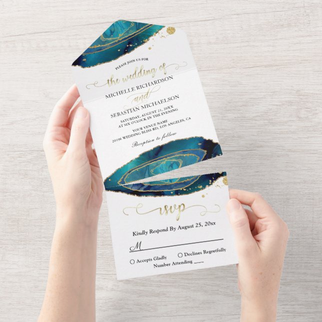 Invitation Tout En Un Turquoise moderne Aquarelle or Mariage Agate (Déchirure)