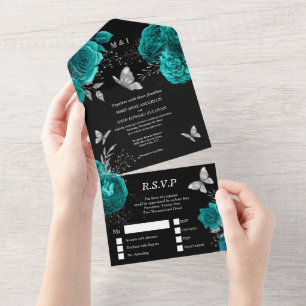 Invitation Tout En Un Turquoise noir argent rose élégant papillon glam