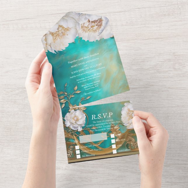Invitation Tout En Un Turquoise or tourbe fleur été printemps mariage (Déchirure)
