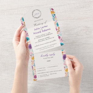 Invitation Tout En Un Turquoise Purple Jaune Fleurs de prairie de printe