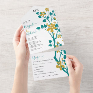Invitation Tout En Un Turquoise rameau bleu et or avec fleurs mariage