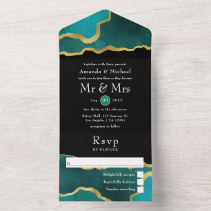 Invitation Tout En Un Turquoise - Teal et agate dorée Mariage Tout en Un