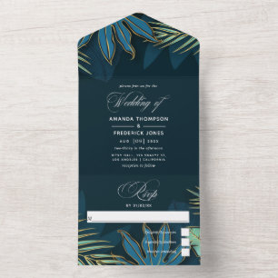 Invitation Tout En Un Turquoise - Turquoise et Gold Tropical Feuilles to